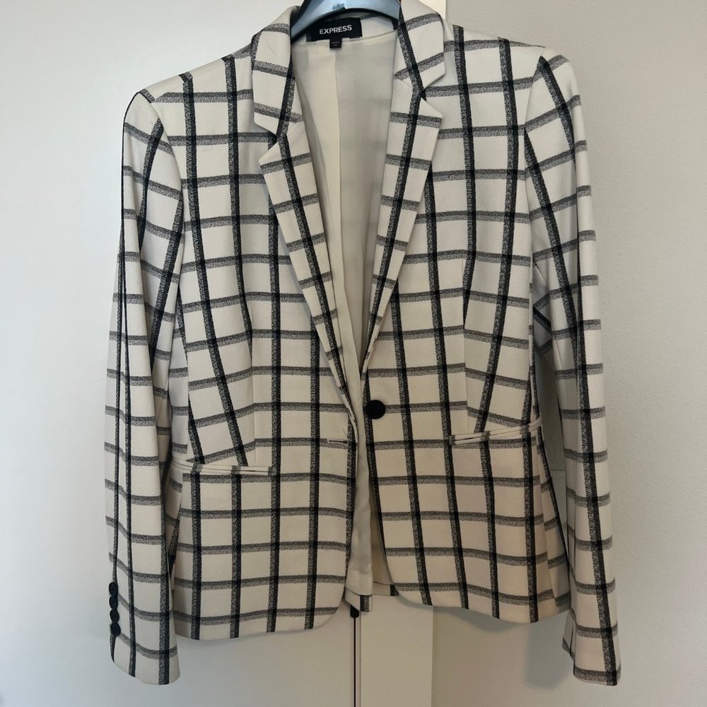 EXPRESS Windowpane Notch Collar White & Black Blazer Jacket Size 10
